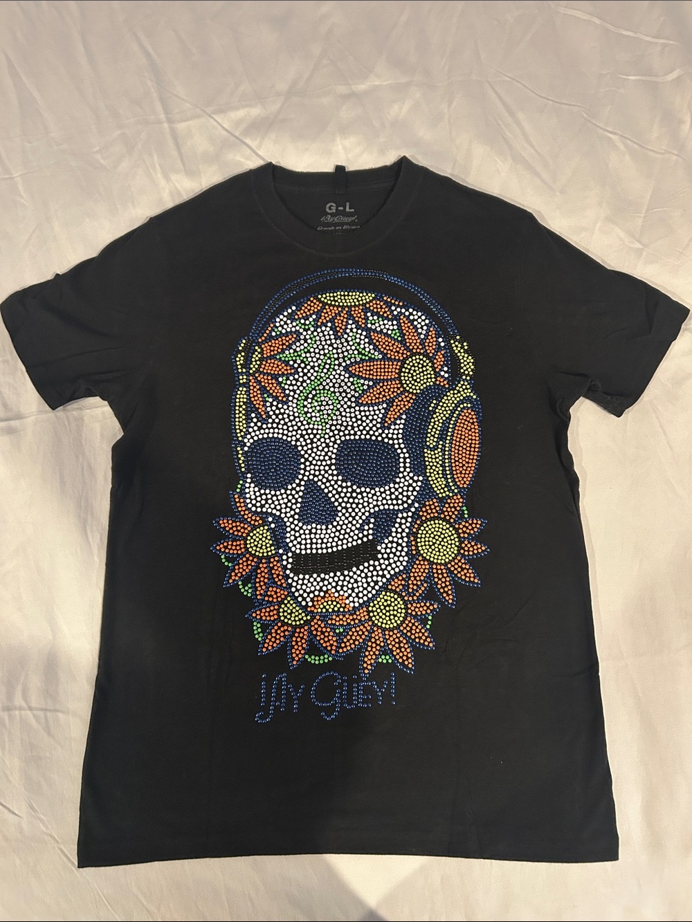 Black Skull Graphic Short Sleeve Tee with Floral Headphones